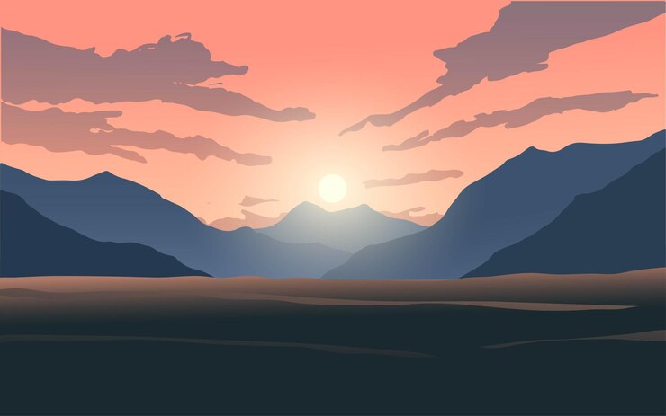 Vector mountain scene with clouds background
