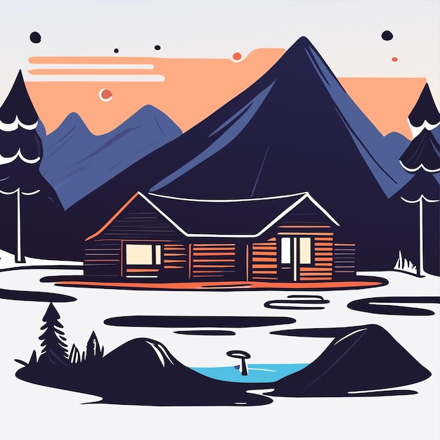 Vector mountain scenery lake wilderness camping landscape hand drawn flat stylish cartoon sticker icon