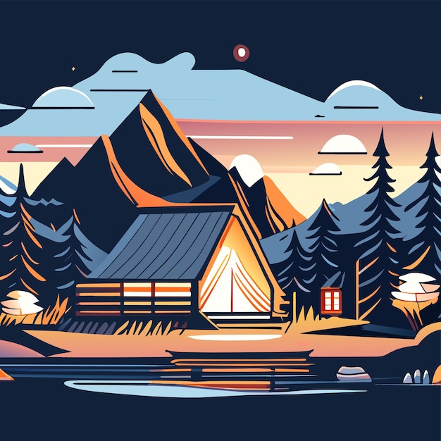 Mountain scenery lake wilderness camping landscape hand drawn flat stylish cartoon sticker icon