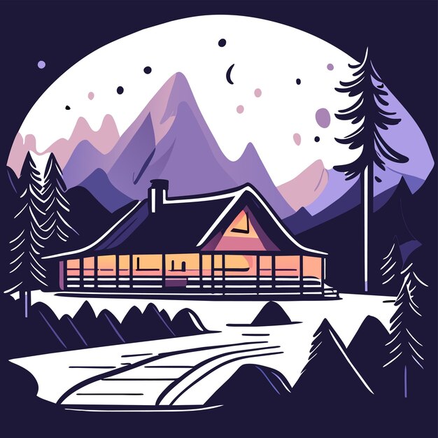 Vector mountain scenery lake wilderness camping landscape hand drawn flat stylish cartoon sticker icon