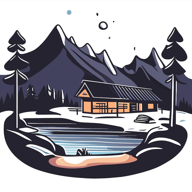 Vector mountain scenery lake wilderness camping landscape hand drawn flat stylish cartoon sticker icon