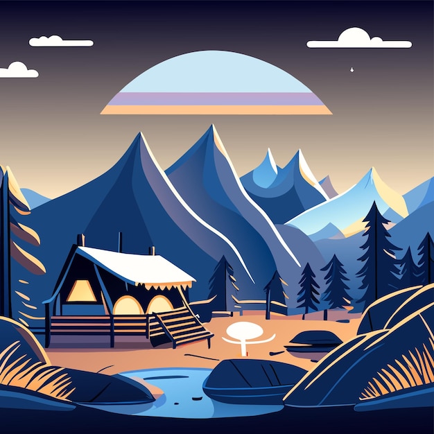 Mountain scenery lake wilderness camping landscape hand drawn flat stylish cartoon sticker icon