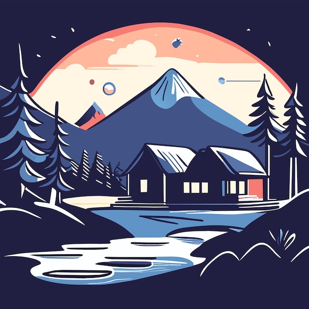 Vector mountain scenery lake wilderness camping landscape hand drawn flat stylish cartoon sticker icon