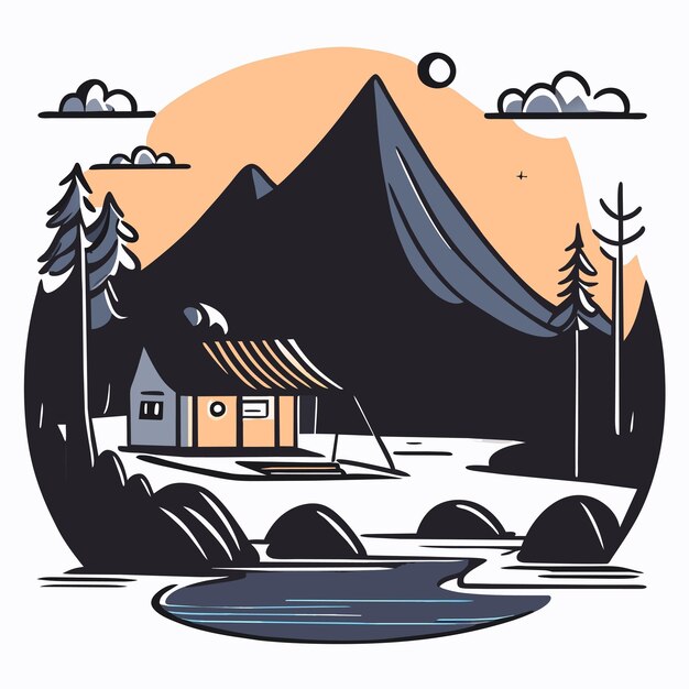 Vector mountain scenery lake wilderness camping landscape hand drawn flat stylish cartoon sticker icon