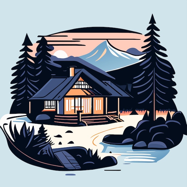 Vector mountain scenery lake wilderness camping landscape hand drawn flat stylish cartoon sticker icon