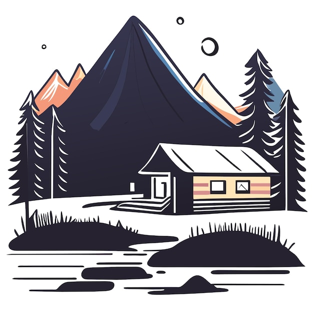 Vector mountain scenery lake wilderness camping landscape hand drawn flat stylish cartoon sticker icon