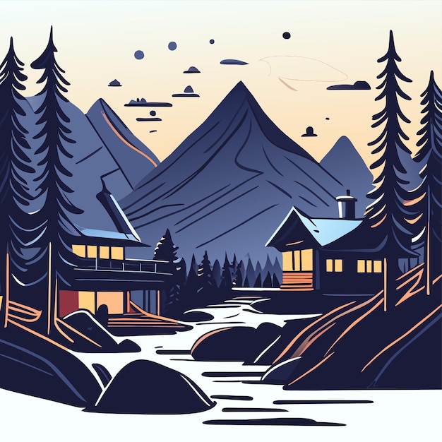 Vector mountain scenery lake wilderness camping landscape hand drawn flat stylish cartoon sticker icon