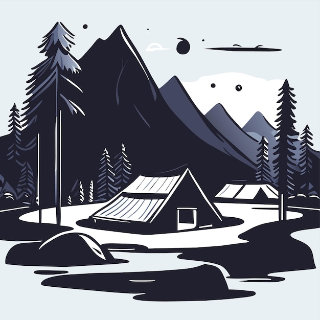 Vector mountain scenery lake wilderness camping landscape hand drawn flat stylish cartoon sticker icon