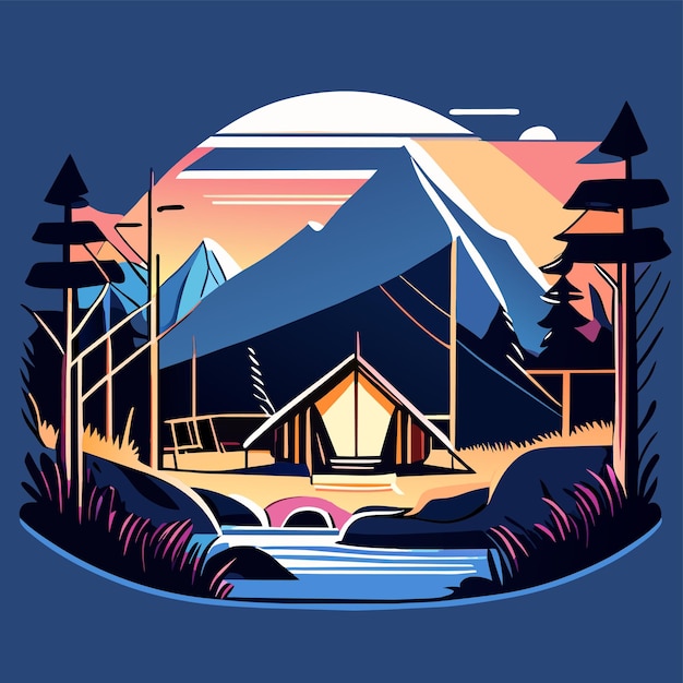 Mountain scenery lake wilderness camping landscape hand drawn flat stylish cartoon sticker icon