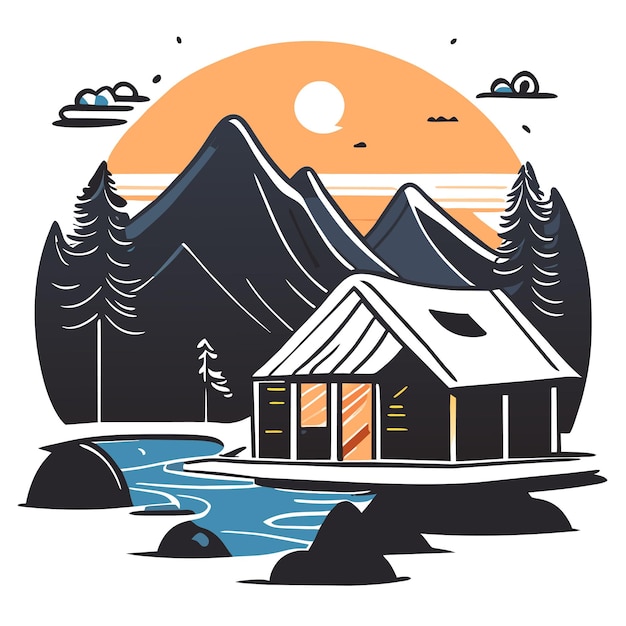 Vector mountain scenery lake wilderness camping landscape hand drawn flat stylish cartoon sticker icon