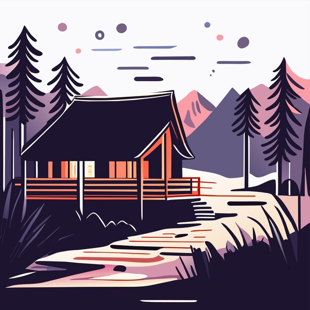 Vector mountain scenery lake wilderness camping landscape hand drawn flat stylish cartoon sticker icon