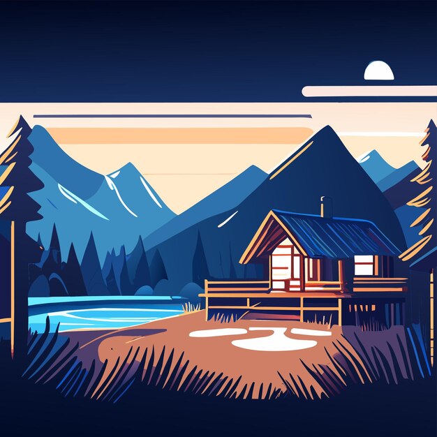 Mountain scenery lake wilderness camping landscape hand drawn flat stylish cartoon sticker icon