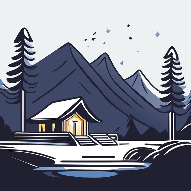 Mountain scenery lake wilderness camping landscape hand drawn flat stylish cartoon sticker icon