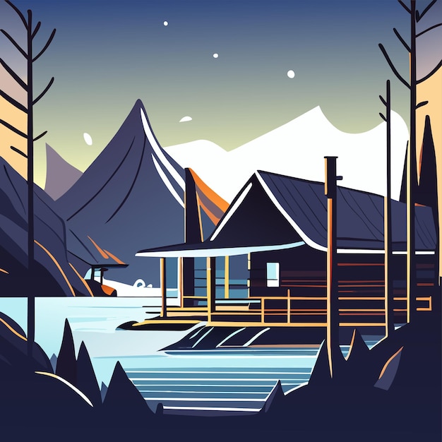 Vector mountain scenery lake wilderness camping landscape hand drawn flat stylish cartoon sticker icon