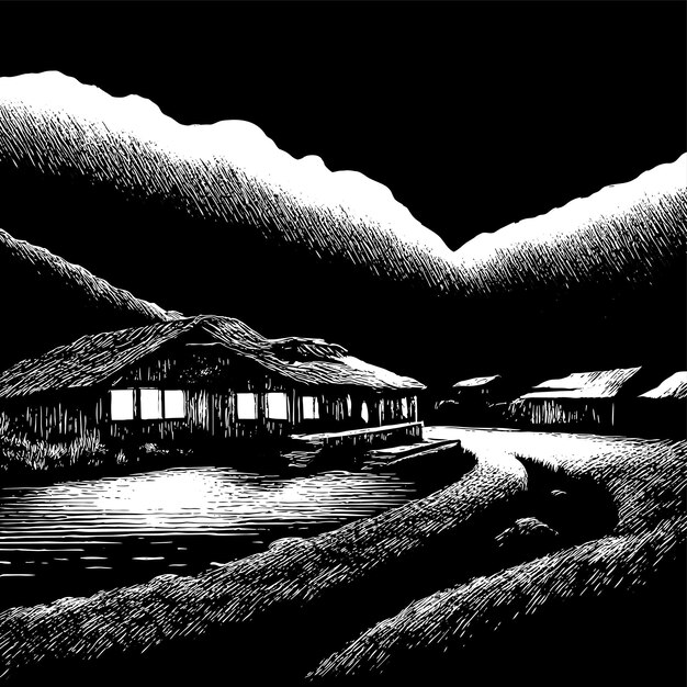 ベクトル 山の風景湖の荒野キャンプの景色手描きの平らなスタイリッシュなアニメのステッカーアイコン