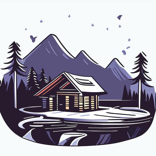 Vector mountain scenery lake wilderness camping landscape hand drawn flat stylish cartoon sticker icon