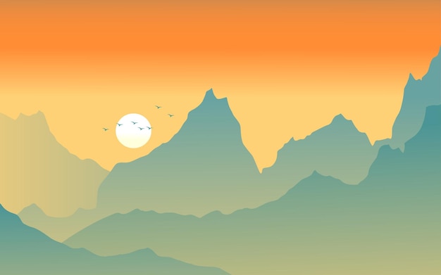 Vettore paesaggio di montagna al tramonto in stile piatto