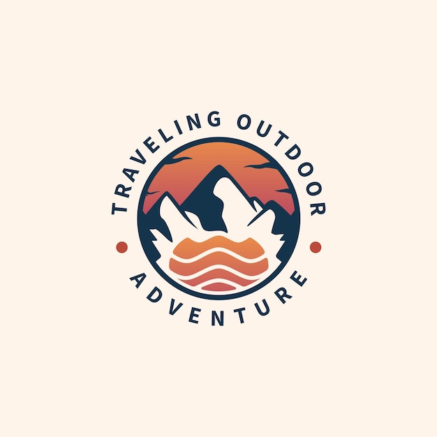 Vector mountain sea wave and sun vintage logo design for traveling outdoor adventure