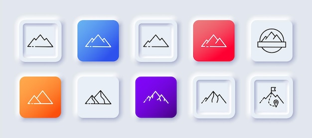 Mountain set icon Alpinism climber travel tourism tour agency hill altitude emblem symbol Mount concept Neomorphism style Vector line icon for Business and Advertising