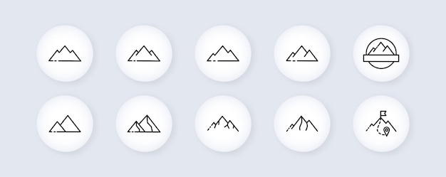 Значок горного набора Альпинизм альпинист путешествия туризм турагентство символ высоты холма эмблема концепция горы значок векторной линии для бизнеса и рекламы