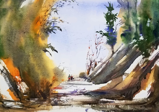 Vector mountain side road watercolor paint