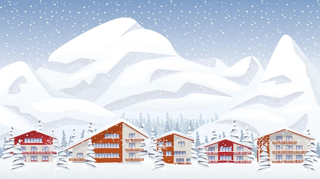 Vector mountain ski resort in snowing winter. vector illustration