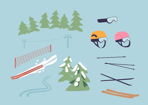 Mountain slalom items set include sturdy skis highperformance bindings ski poles and a wellfitted helmet crucial for precision skiing on challenging alpine courses cartoon vector illustration