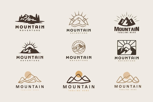 Mountain and sun rays mount peak hill nature landscape view for adventure outdoor logo template