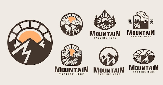 Mountain and Sun Rays Mount Peak Hill Nature Landscape view for Adventure Outdoor logo template