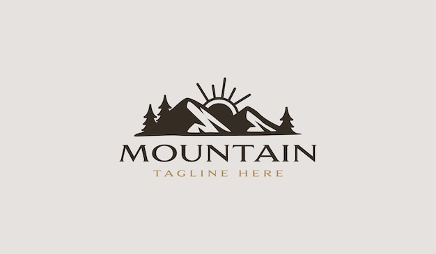 Mountain and Sun Rays Mount Peak Hill Nature Landscape view for Adventure Outdoor logo template