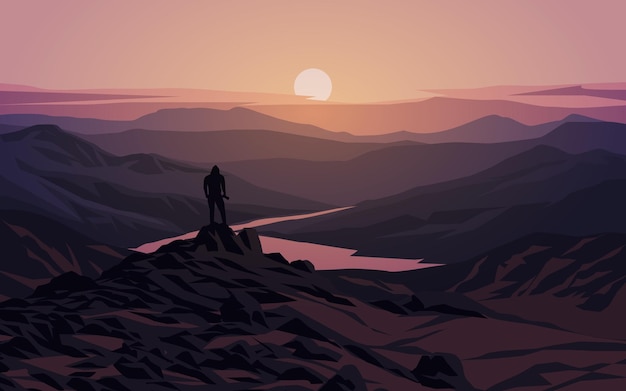 Vector mountain sunrise landscape with a hiker standing on the rock