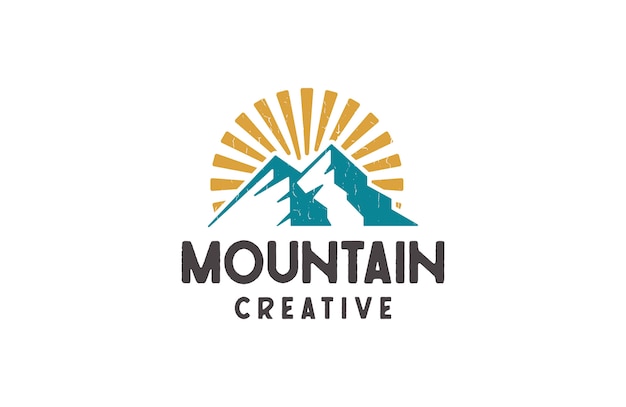 山と日の出のロゴ、レトロなスタイルのベクトル図