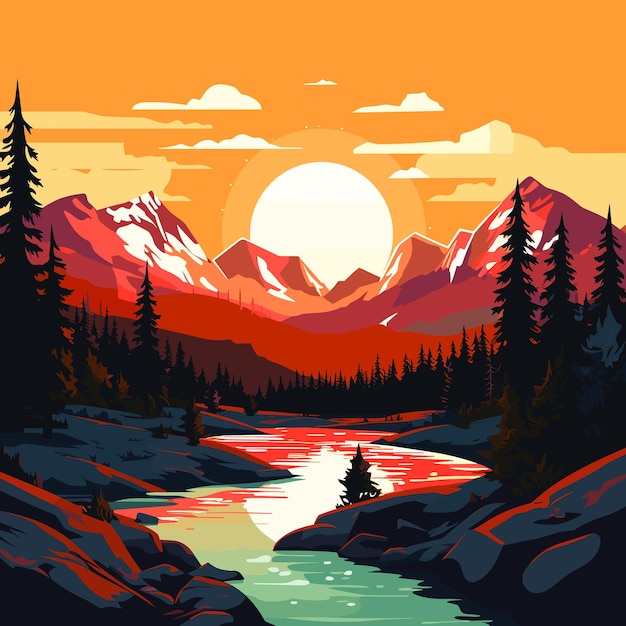 Vector mountain sunset landscape realistic pine forest and mountain silhouettes evening wood panorama vector illustration wild nature background