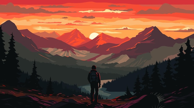 Paesaggio al tramonto di montagna siluette realistiche della foresta di pini e delle montagne panorama serale in legno illustrazione vettoriale sfondo della natura selvaggia