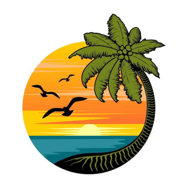 mountain and sunset logo design. sunset, mountains, palm trees and beach.