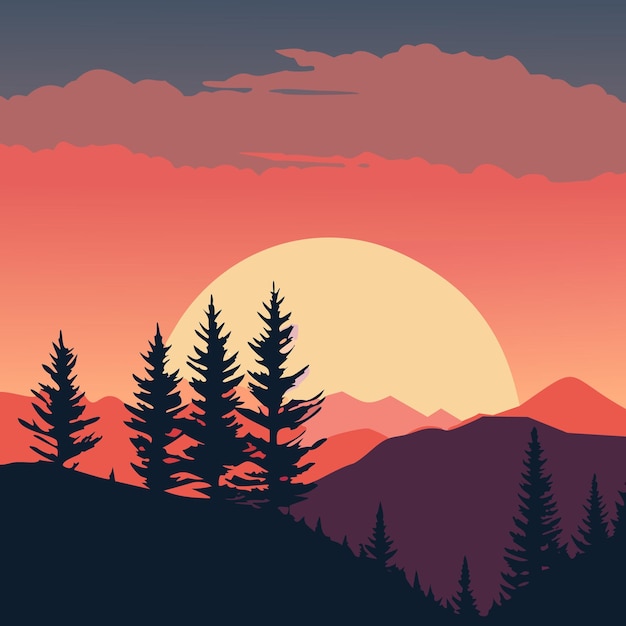 Vector mountain sunset silhouettes serene nature landscape