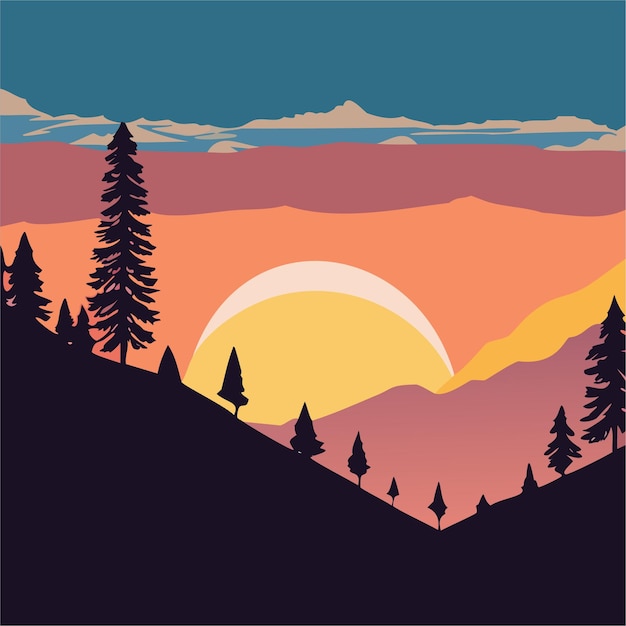 Vector mountain sunset silhouettes serene nature landscape