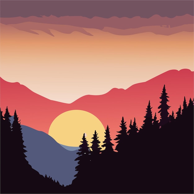 Vector mountain sunset silhouettes serene nature landscape