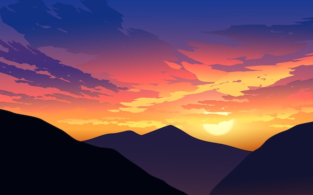 ベクトル 山の夕焼け空のイラスト