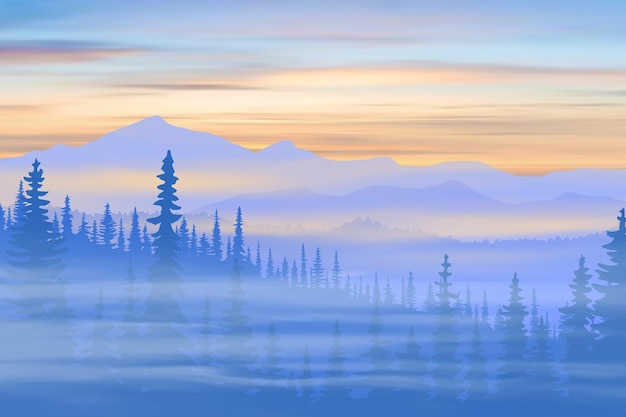 Mountain taiga and peaks at sunrise