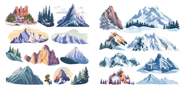 Mountain tops outdoor landscape illustration set with winter peaks trees on hilltops hiking in mountain valleys landscape