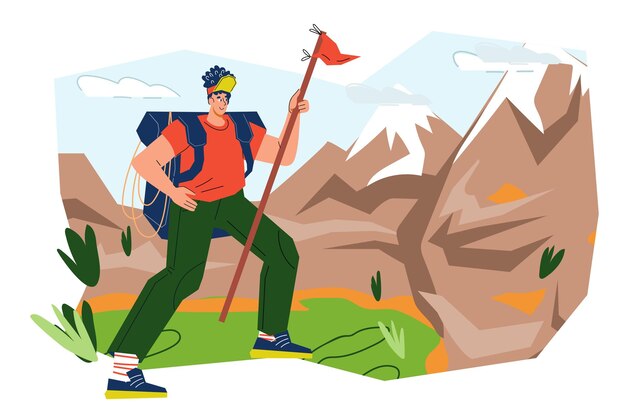 Mountain tourism activities and hiking banner template flat vector isolated