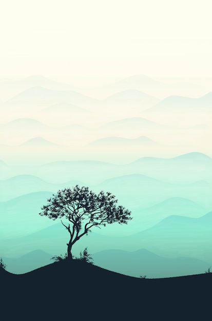 Mountain and tree silhouette template landscape with mountains, sky and woods