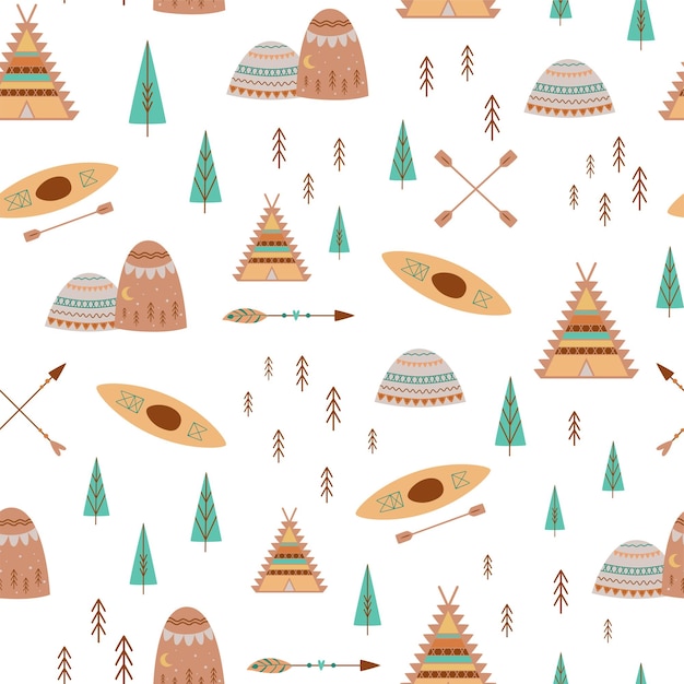 Mountain trees camp pattern in cute boho style teepee tent kayak adventure seamless pattern for kids camping
