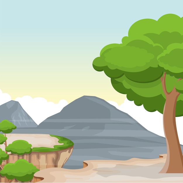 Mountain Valley Cliff Tree Nature Landscape Vector Illustration