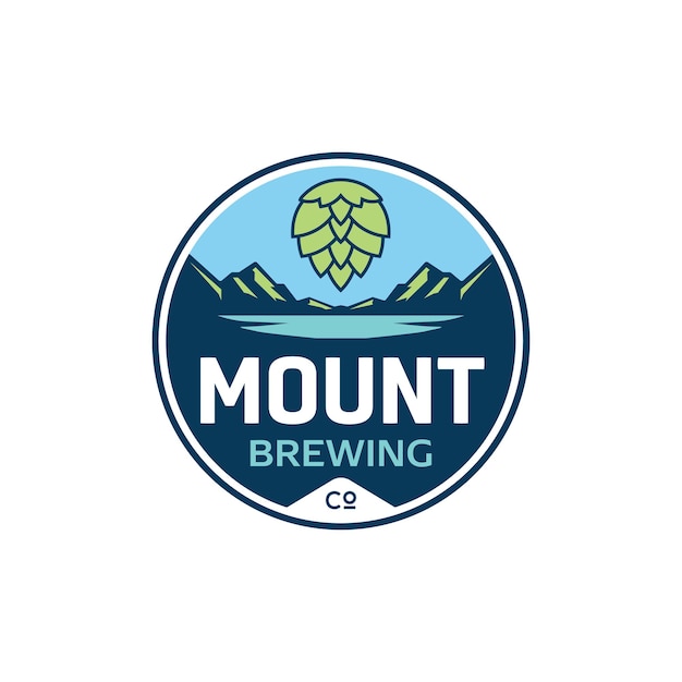 Mountain valley and lake view vintage badge hops brewing label logo design inspiration