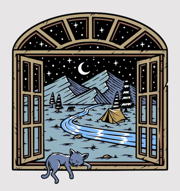 mountain view from the window at night illustration