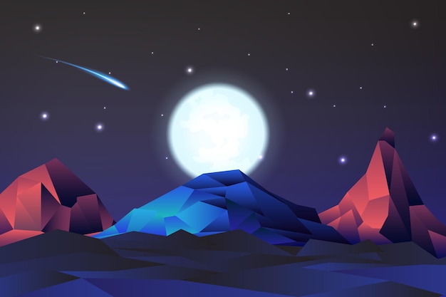 Пейзаж с видом на горы с полной луной ночью Графический минимальный Градиентный неоновый цвет