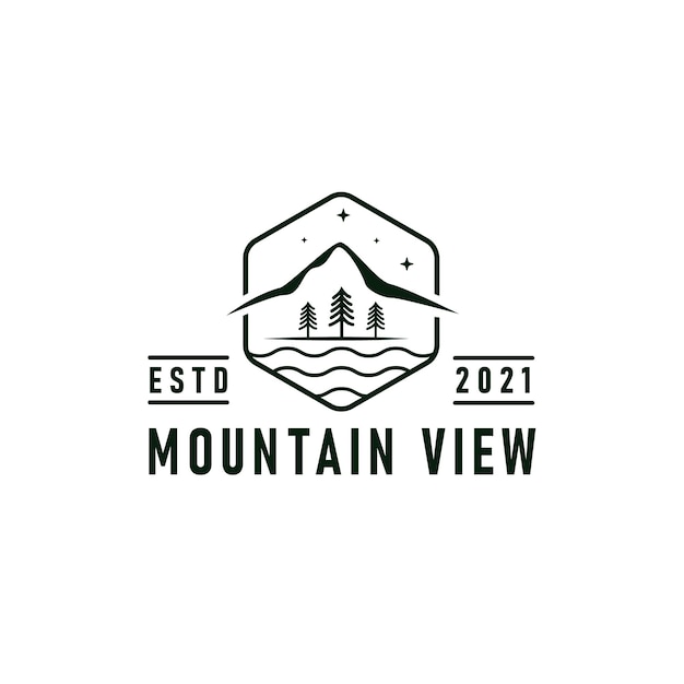 川、森、山のシルエットデザインのマウンテンビューロゴエンブレムベクトルイラスト
