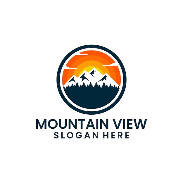 Idee per il design del logo vista montagna e tramonto